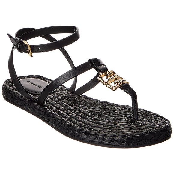 GIVENCHY 4G Logo Liquid Raffia Leather Thong Ankle Strap Flat Sandals - Picture 1 of 14
